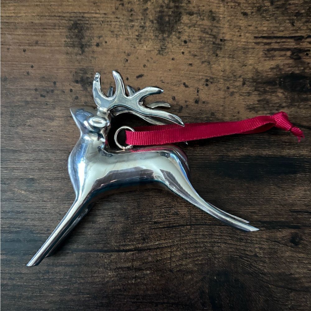 Vtg Pottery Barn Reindeer Christmas Ornament 4" Silver Plated Burgundy Ribbon